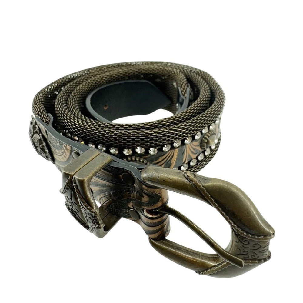 Vtg Nanni Western Belt Rare Women M Bronze Tooled Leather Rhinestone Rodeo Italy